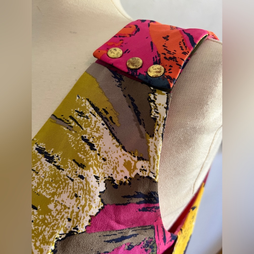 Tibi New York Silk Abstract Print Mini Dress Button Shoulder - Picture 4 of 11